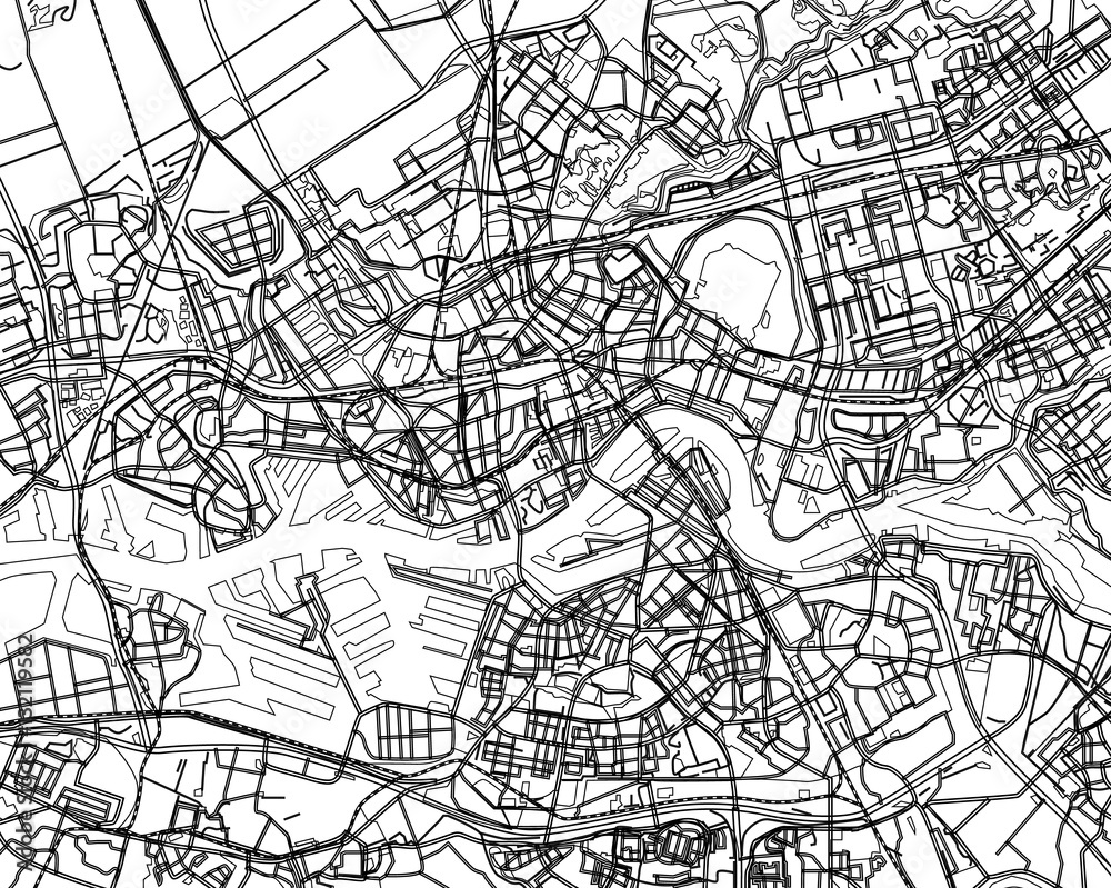 Black - white vector map of Rotterdam, Netherland. City plan Rot