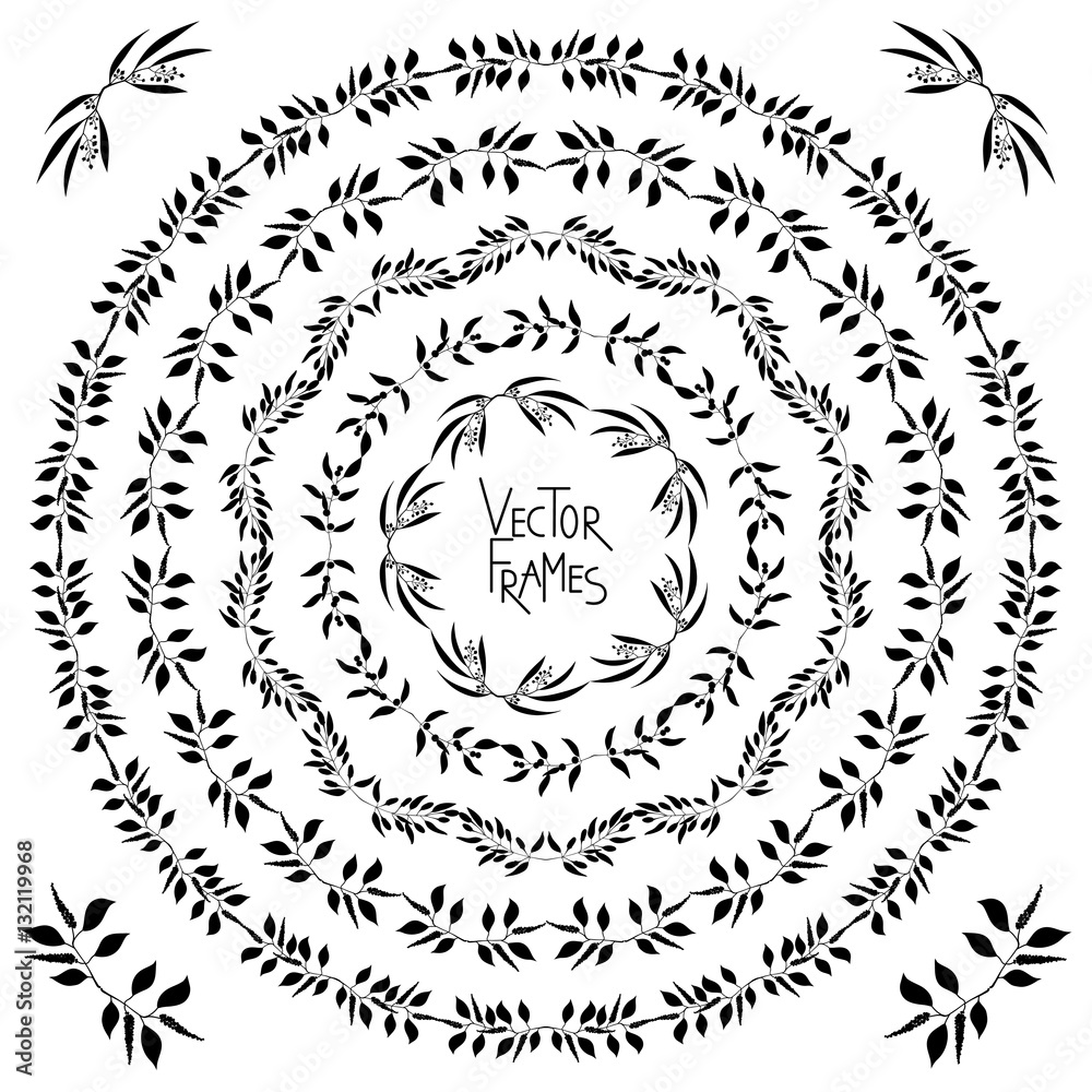 Set of decorative floral round frames and corner Set of decorative floral round frames and corner