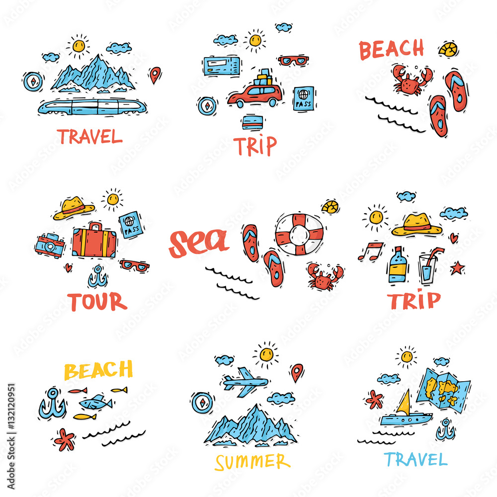 Fototapeta premium World Travel. Hand drawn. Planning summer vacations. Summer holiday, journey, traveling. Tourism and vacation theme. Flat design vector illustration.