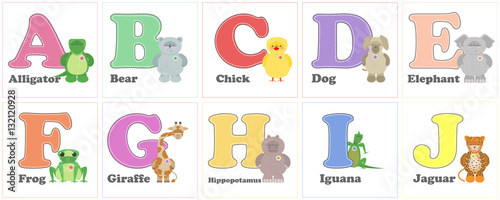 Alphabet Zoo, funny plush animals. English alphabet letters from A to J. The vector cartoon