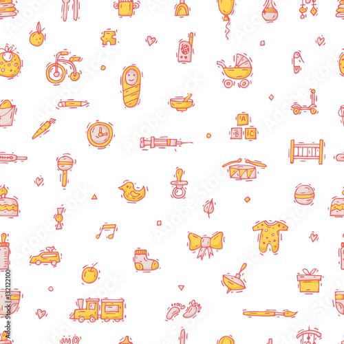 Baby Seamless pattern, background. Hand drawn vintage style. Flat design vector illustration.