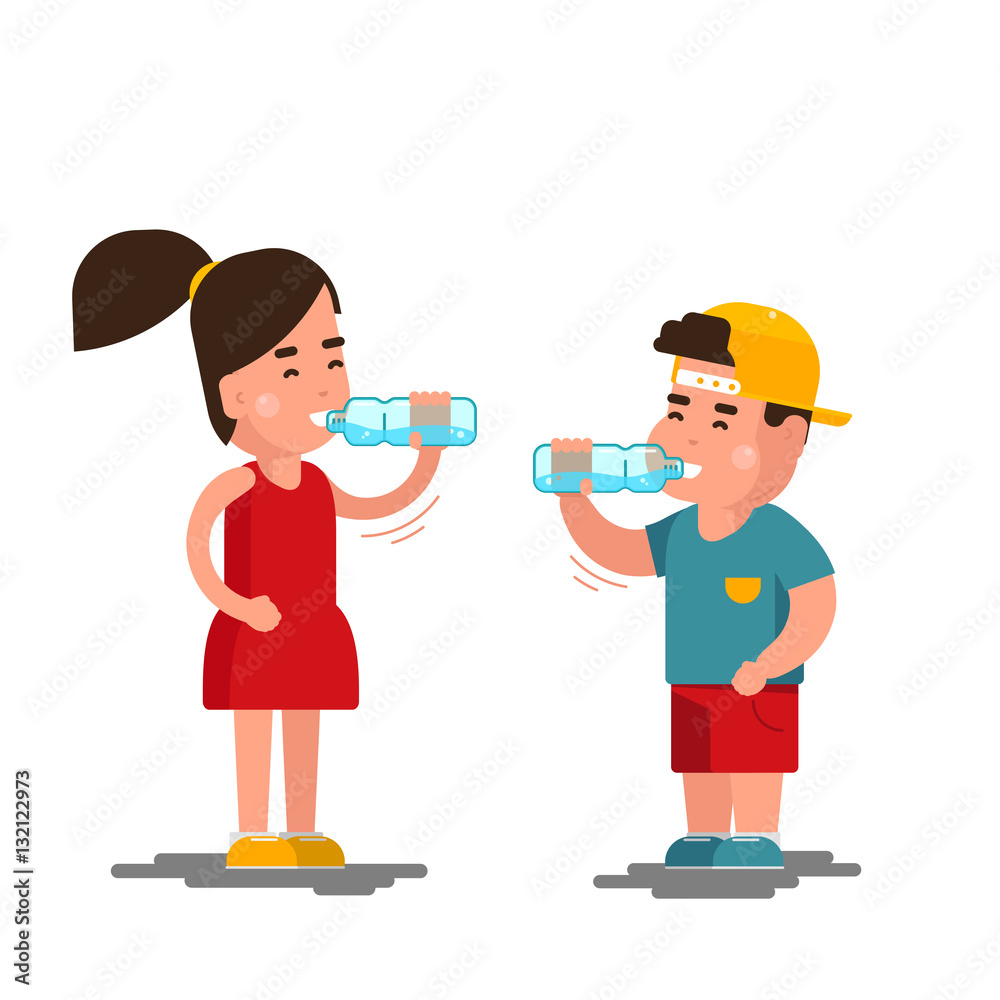 Little boy and girl drinks water vector illustration. Kids drinking clean isolated on white background Little boy and girl drinks water vector illustration. Kids drinking clean isolated on white background