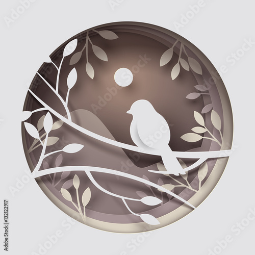 Paper art carve to bird on tree branch in forest at night