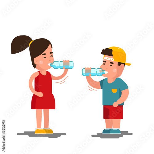 Little boy and girl drinks water vector illustration. Kids drinking clean isolated on white background