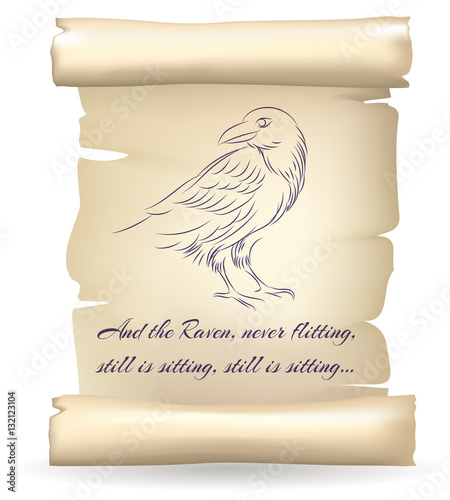 Raven sketch on paper scroll inspired by Edgar Allan Poe poetry vector illustration photo