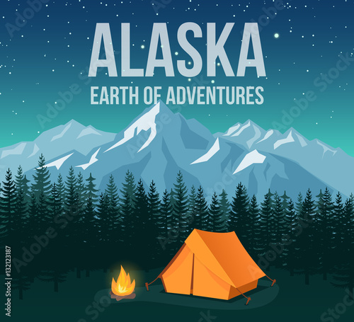 Alaska national park wildlife travel vintage poster with mountains and pines vector illustration.