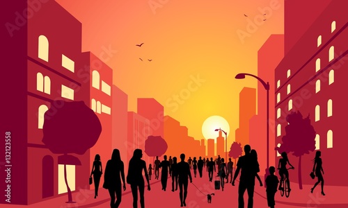 People walking on the street, sunset