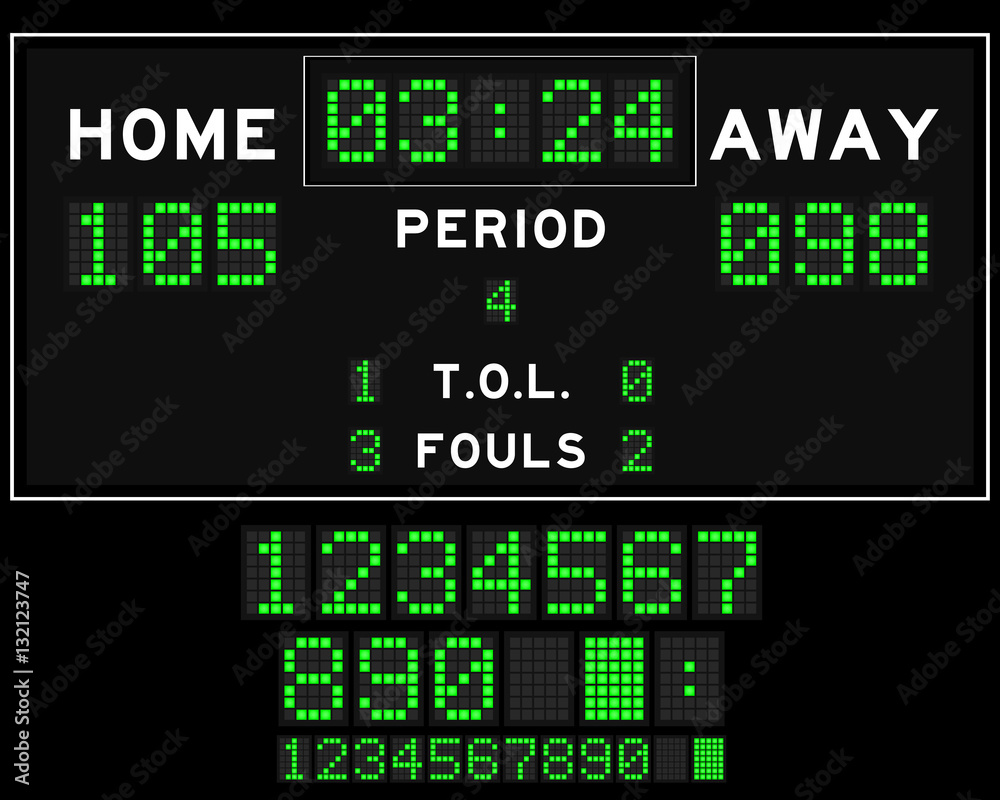Basketball score board with green square led on black background Basketball score board with green square led on black background
