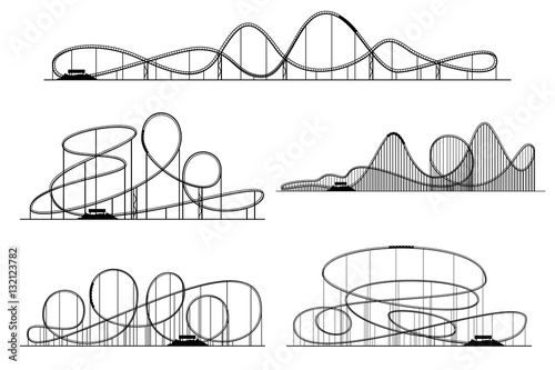 Roller coaster vector silhouettes. Rollercoaster or amusement park rollers isolated photo