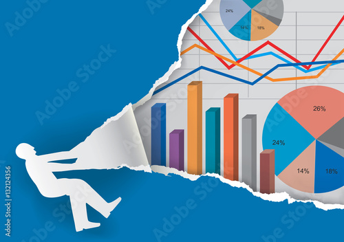 Annual Report torn paper background.
Man paper silhouette ripping Paper background with charts and numbers presenting economic results Vector available.