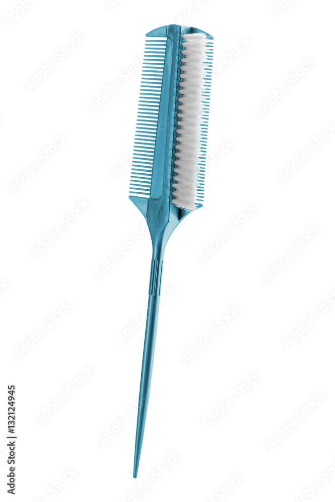 Blue tapping hair comb brush with long handle, isolated on white background, clipping path included