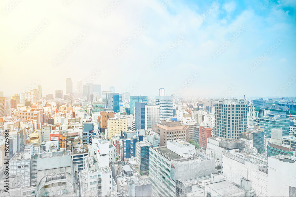 Fototapeta premium Asia Business concept - panoramic modern cityscape building bird eye aerial view under sunrise and morning blue bright sky from Nagoya TV Tower in Nagoya, Japan mix hand drawn sketch illustration