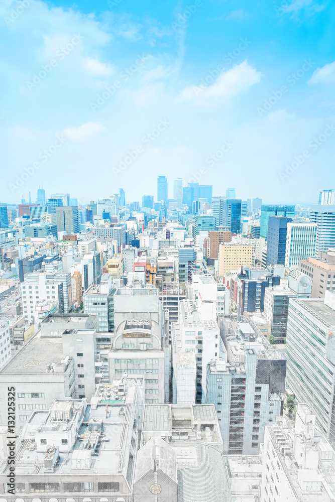 Fototapeta premium Asia Business concept - panoramic modern cityscape building bird eye aerial view under sunrise and morning blue bright sky from Nagoya TV Tower in Nagoya, Japan mix hand drawn sketch illustration
