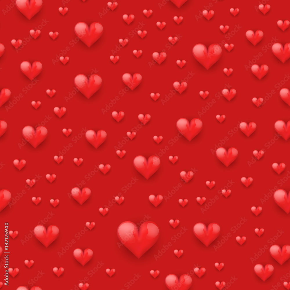 Seamless pattern with realistic beautiful red heart. Love and Holiday theme. Happy Valentines day. Vector illustration.