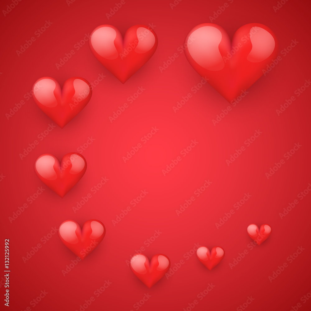 Realistic Red Romantic Hearts Decoration. Card and Invitation of Happy Valentines Day Greetings. Vector Illustration.