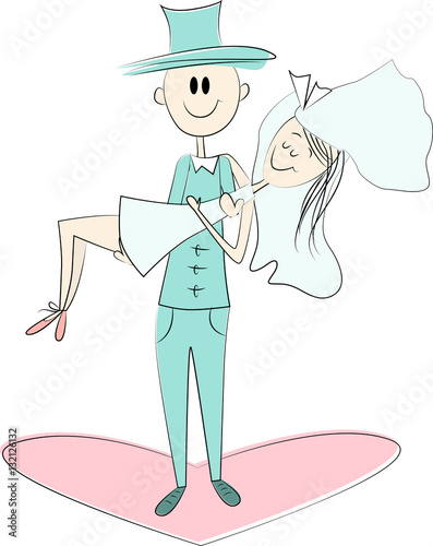 Doodle handsome groom holding bride in his arms.