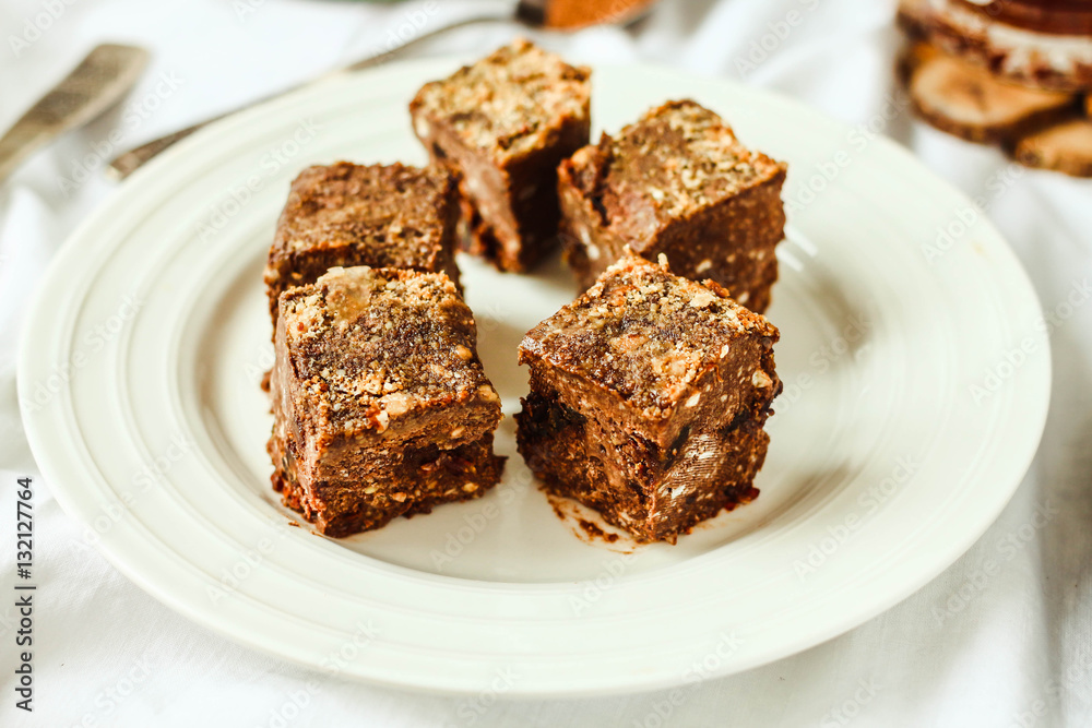 raw brownie with figs and green buckwheat, vegan diet,close-up raw brownie with figs and green buckwheat, vegan diet,close-up