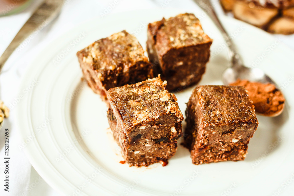 raw brownie with figs and green buckwheat, vegan diet, close-up