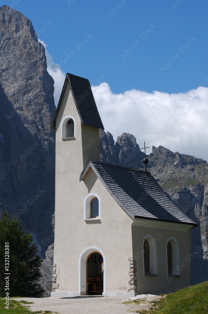 Church at Pass Gardena, Dolomites, Italy.