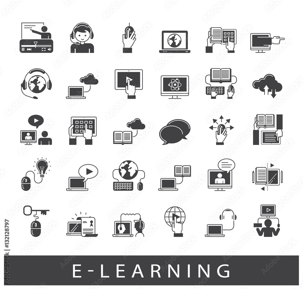 Collection of e-learning icons. Icons of distance learning, cloud computing, online learning and e book.
