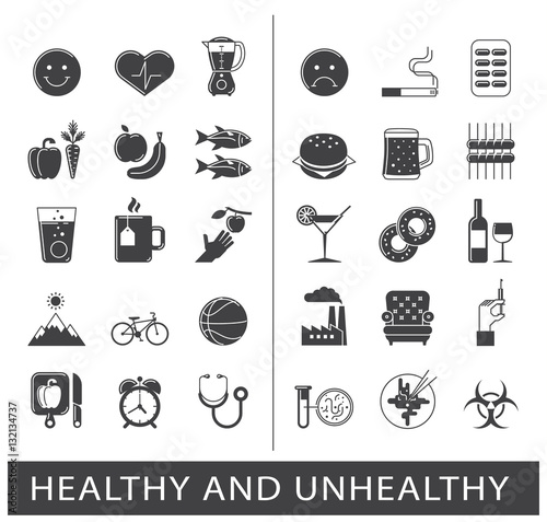 Collection of various food and lifestyle icons. Comparison between healthy and unhealthy way of life.