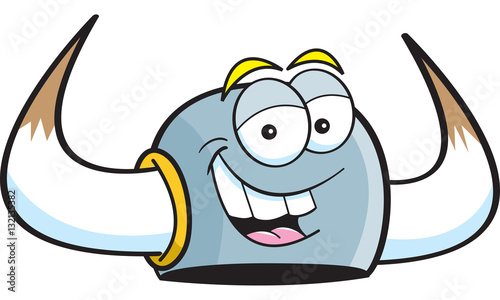 Cartoon illustration of a smiling Viking helmet.