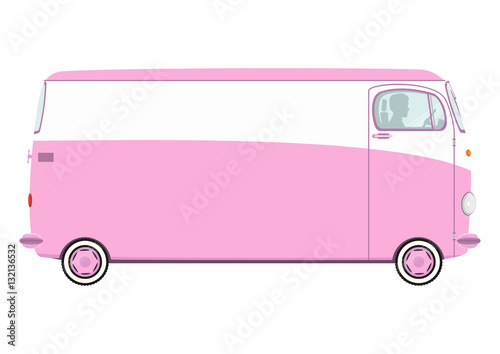 Pink Valentine's retro van. Side view. Flat vector.
