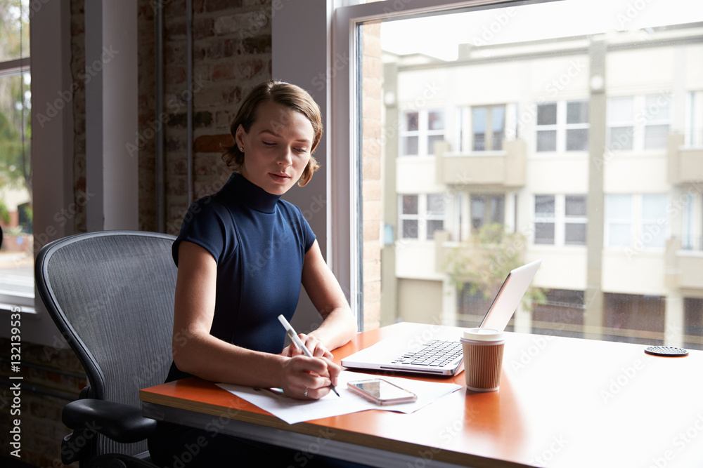 Businesswoman Working On Laptop And Making Notes On Document Businesswoman Working On Laptop And Making Notes On Document