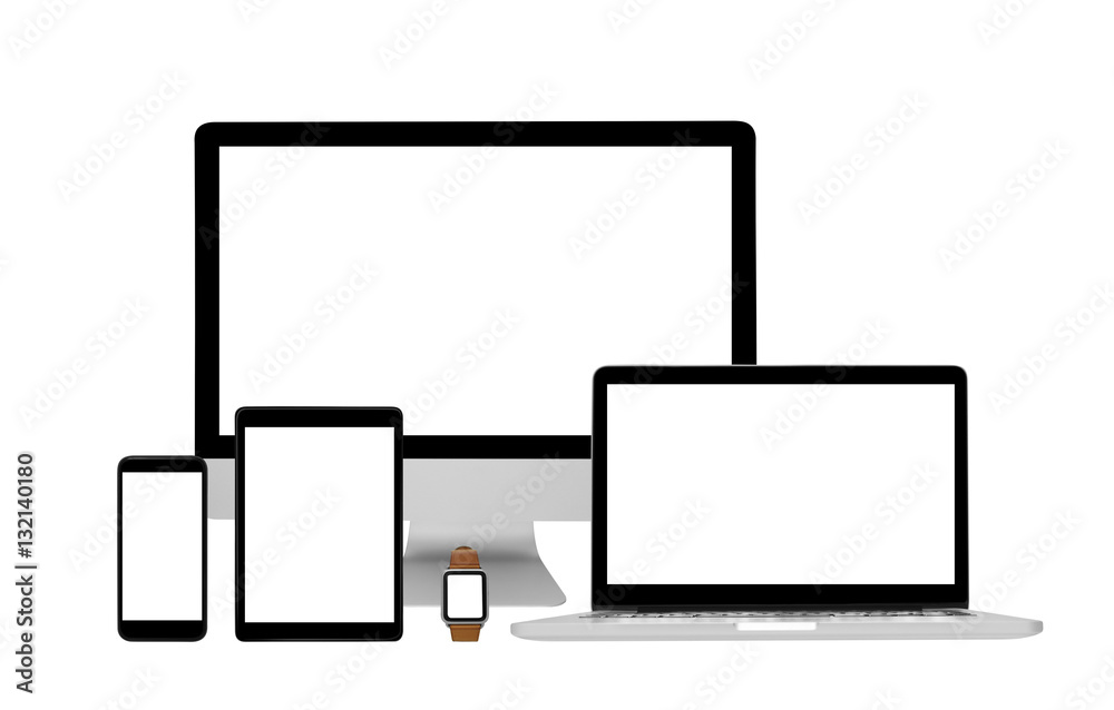Blank devices - Computer desktop, laptop, tablet, smartphone and smartwatch Blank devices - Computer desktop, laptop, tablet, smartphone and smartwatch