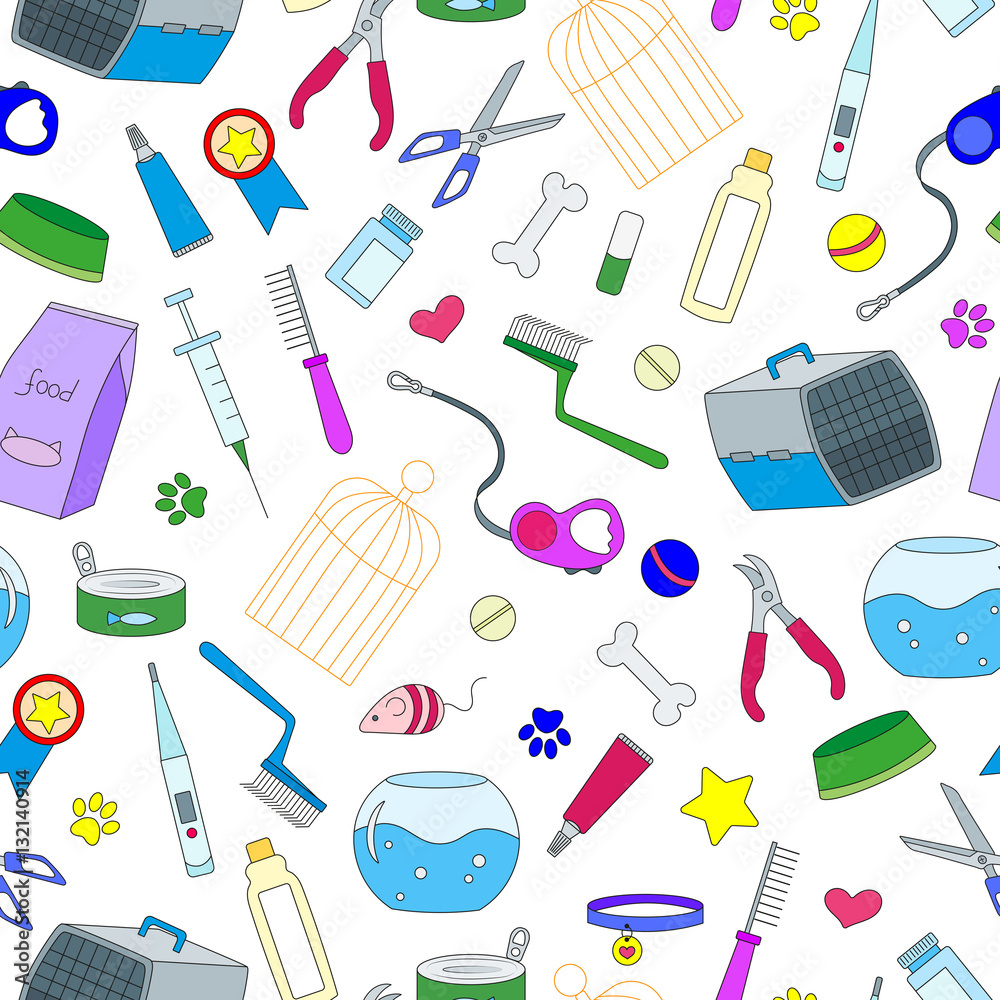Seamless background on the topic of pet care, pet shop, simple colored icons on a light background Seamless background on the topic of pet care, pet shop, simple colored icons on a light background