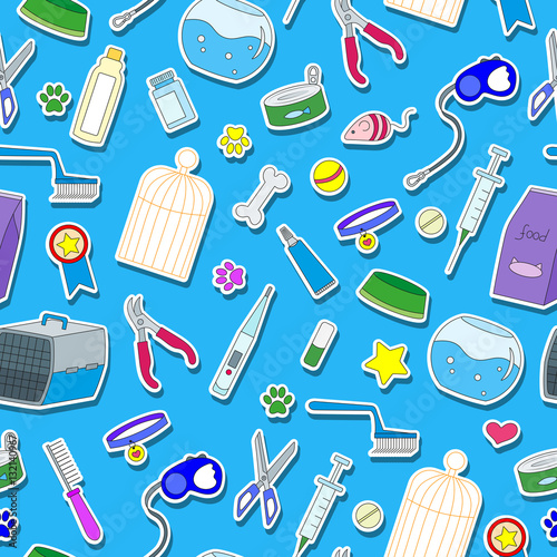 Seamless background on the topic of pet care, pet shop, simple colored icons on a blue background