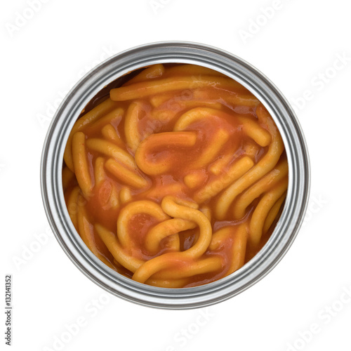 Canned spaghetti top view opened isolated on a white background.