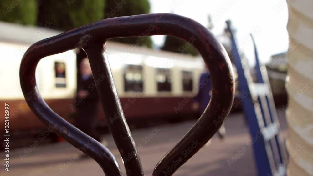 Old fashioned British train with focus on trolley handle