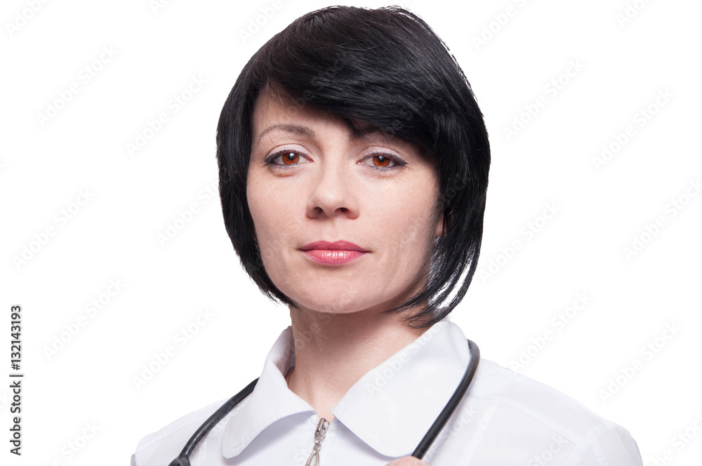 Young beautiful woman doctor closeup on a white background. Isol Young beautiful woman doctor closeup on a white background. Isol
