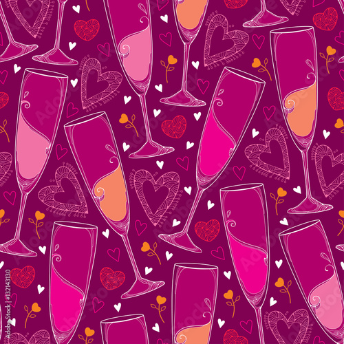 Vector seamless pattern with outline champagne glass and pink hearts on the maroon background. Pattern in contour style with champaign glasses for coloring book and celebration Valentines design.