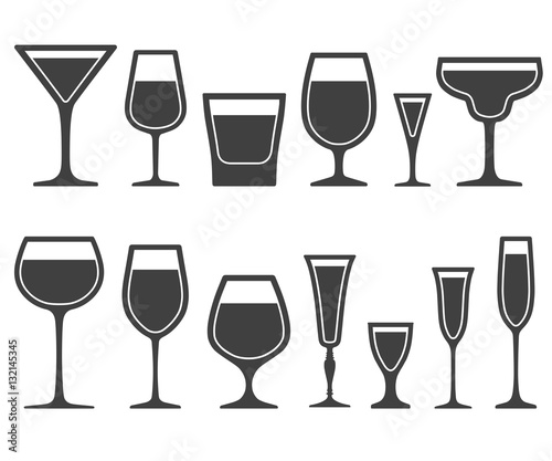 Set of wineglass and glass different shapes icons with poured liquid inside isolated on white background
