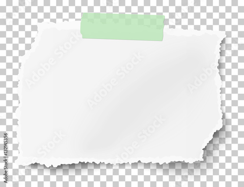 Vector rectangular square ragged paper scrap with soft shadow on sticky adhesive tape placed on transparent checkered background