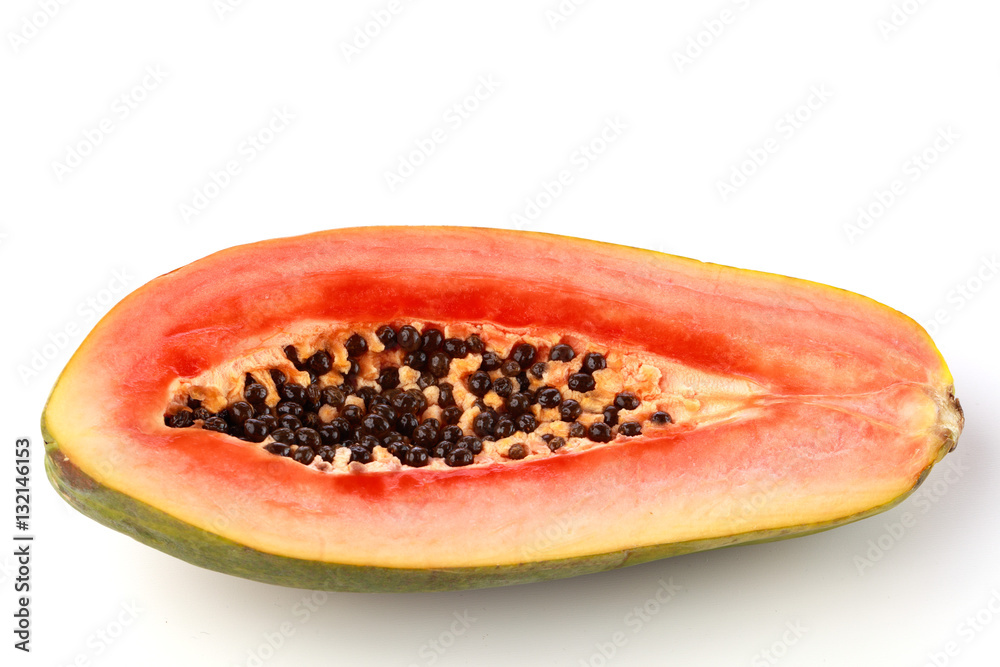 Top view of a papaya against a white background Top view of a papaya against a white background