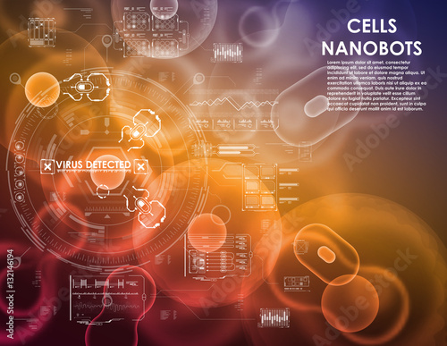 Cell background with futuristic interface elements. HUD UI for medical app. Futuristic user interface. Molecular research. Nanotechnology medicine concept. Nanorobots and cells.