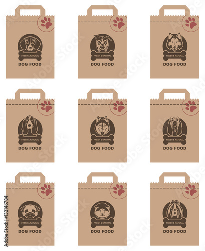 collection of various food packages with dogs heads