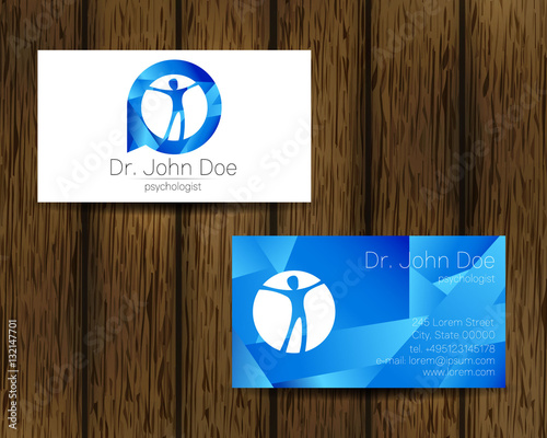 Psychology vector visit card. Modern logo. Creative style. Design concept. Brand company. Blue color isolated on tree background. Symbol for web, print. vVsiting personal set