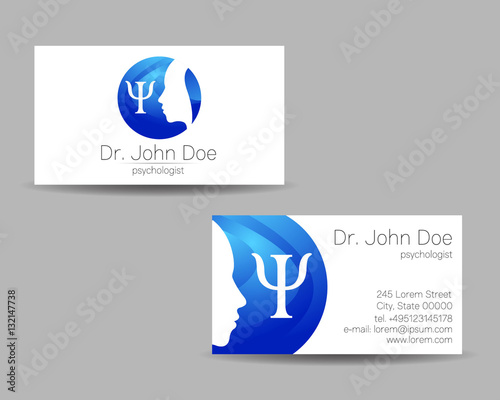 Psychology vector visit card. Modern logo. Creative style. Design concept. Brand company. Blue color isolated on gray background. Symbol for web, print. vVsiting personal set