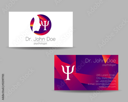 Psychology vector visit card. Modern logo. Creative style. Design concept. Brand company. Violet color isolated on gray background. Symbol for web, print. vVsiting personal set