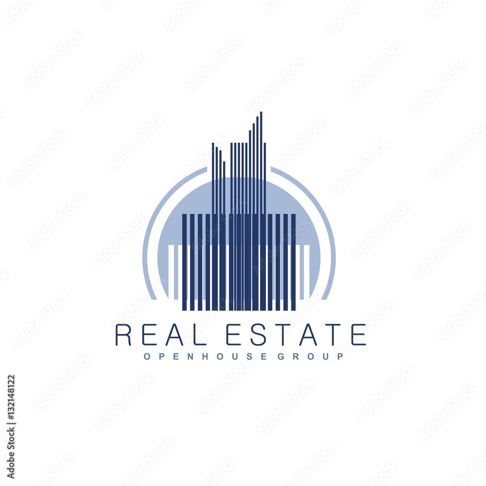 Vector concept for accounting or real estate company. Logo design with commercial building and chart bars Vector concept for accounting or real estate company. Logo design with commercial building and chart bars