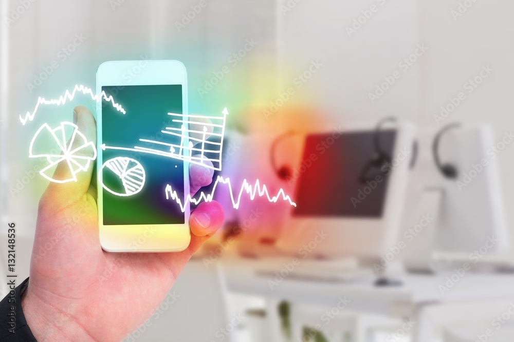 Composite image of hand of businessman holding smart phones 3d Composite image of hand of businessman holding smart phones 3d