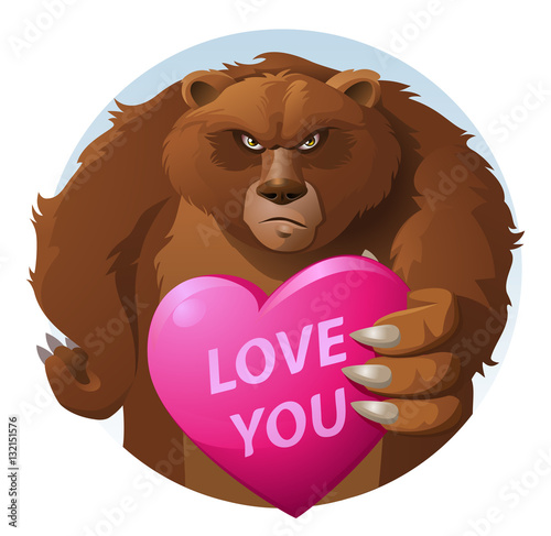 Unsmiling bear with a great love. Cartoon styled vector illustration. Elements is grouped for easy edit. No transparent objects