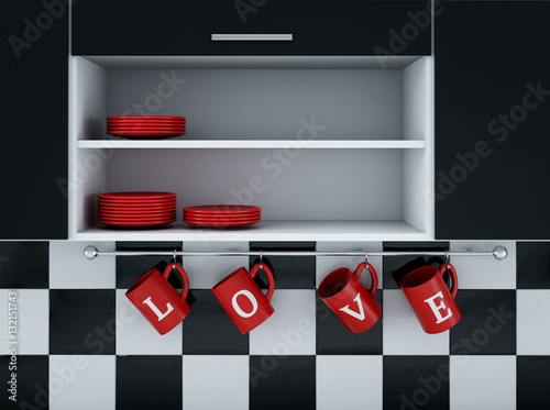 Modern kitchen white and black design. St.Valentine day. 3d render photo