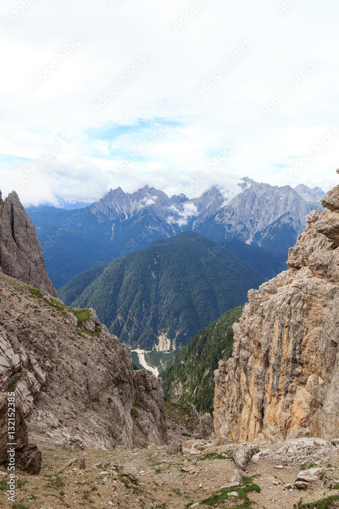 Valley and Sexten Dolomites mountain panorama at Via Ferrata Severino Casara in South Tyrol, Italy