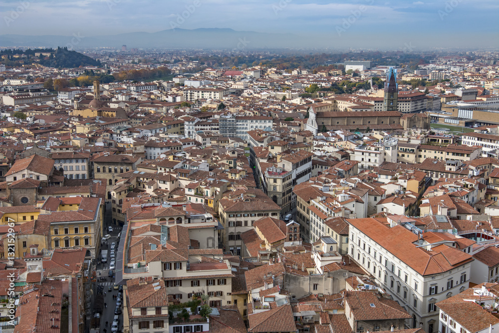 Beautiful aerial view of Florence from the observation platform Duomo, Cathedral Santa Maria del Fiore.