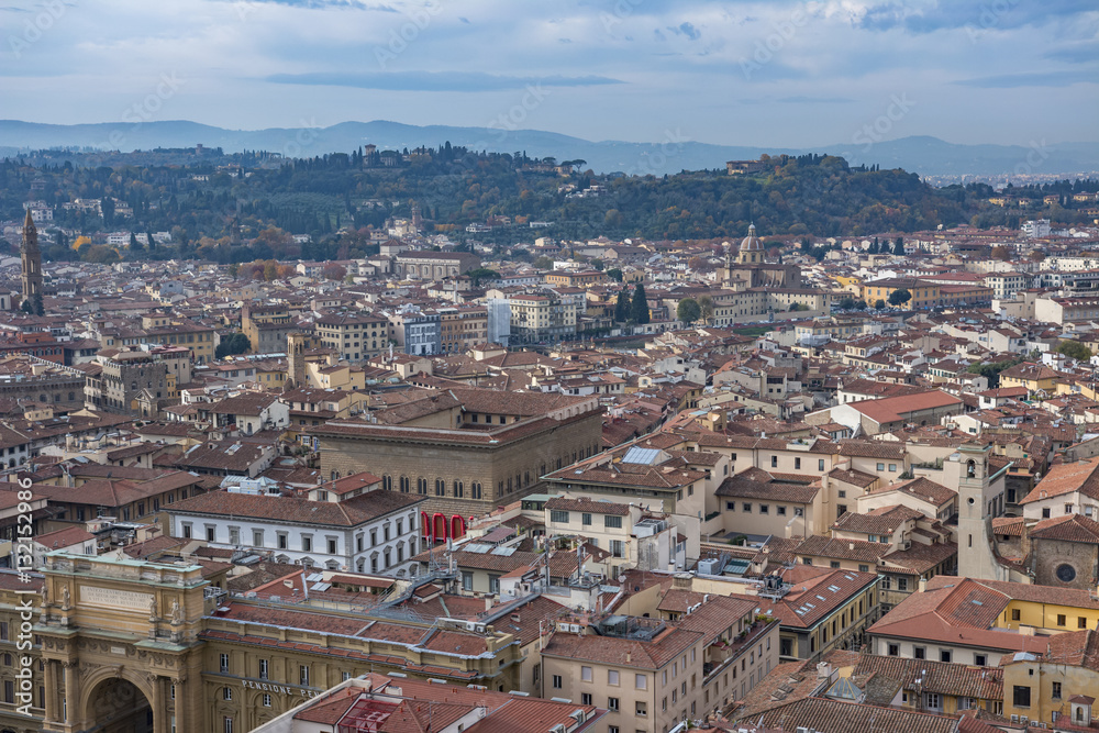 Beautiful aerial view of Florence from the observation platform Duomo, Cathedral Santa Maria del Fiore.